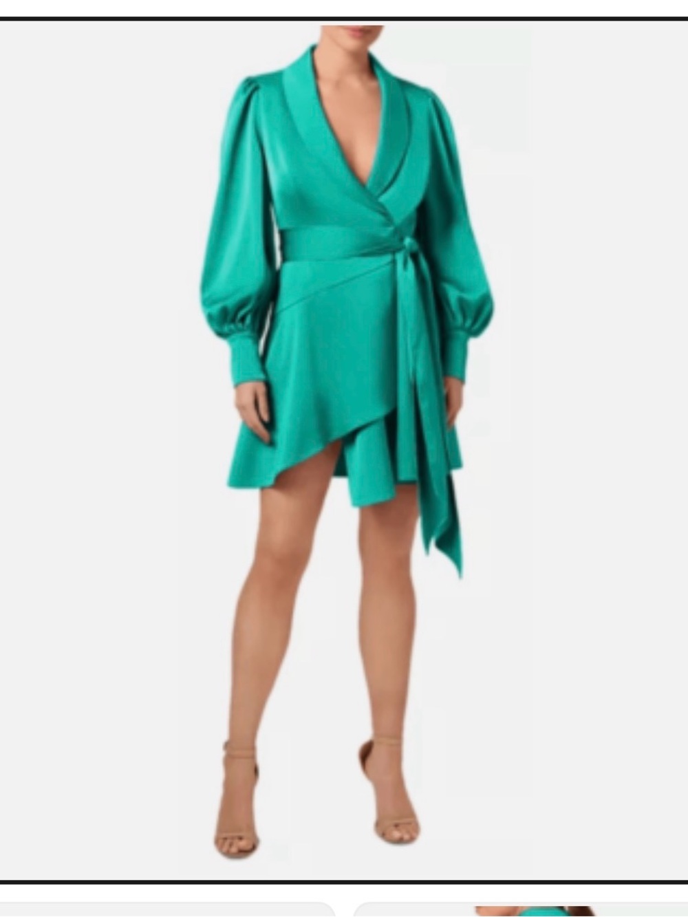 Satin Wrap Mini Dress in Teal with Balloon Sleeves